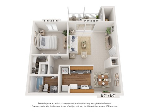 Floor plan for 1 bed, 1 bath, 650 sqft